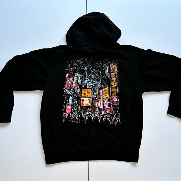 Official Toho Godzilla Hoodie Youth Large Black Neon City Kanji Back Print - Picture 4 of 11